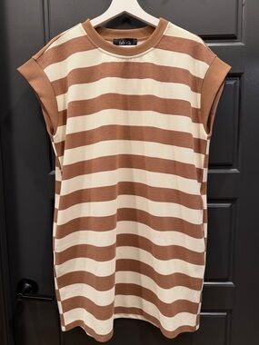 fab'rik Cream & Brown Striped Sleeveless Dress size L